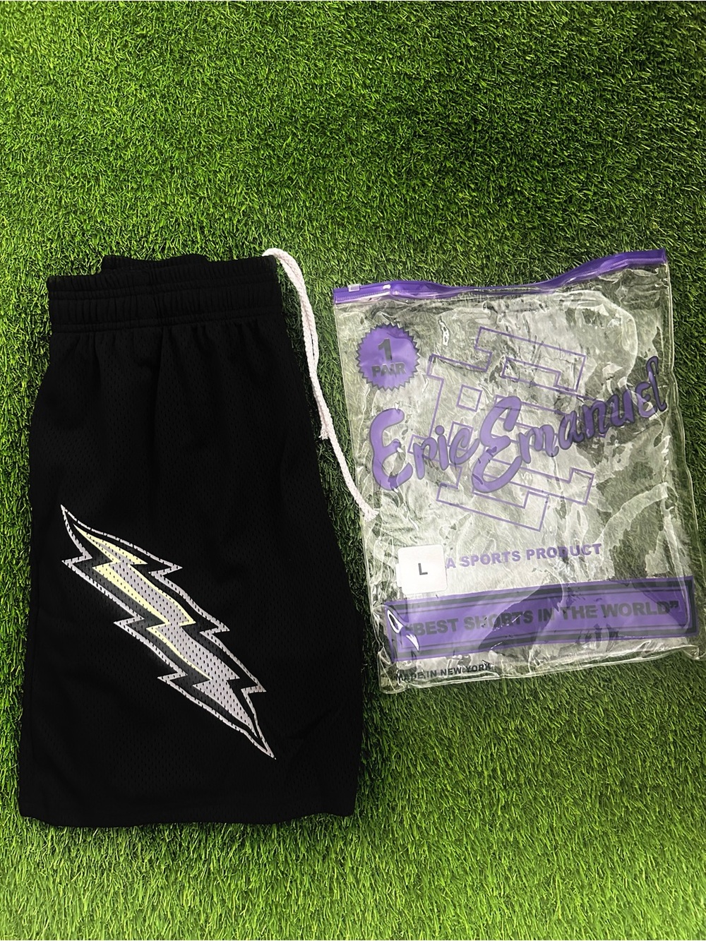 Eric Emanuel Black Mesh Shorts with Yellow Lightning - Picture 3 of 4